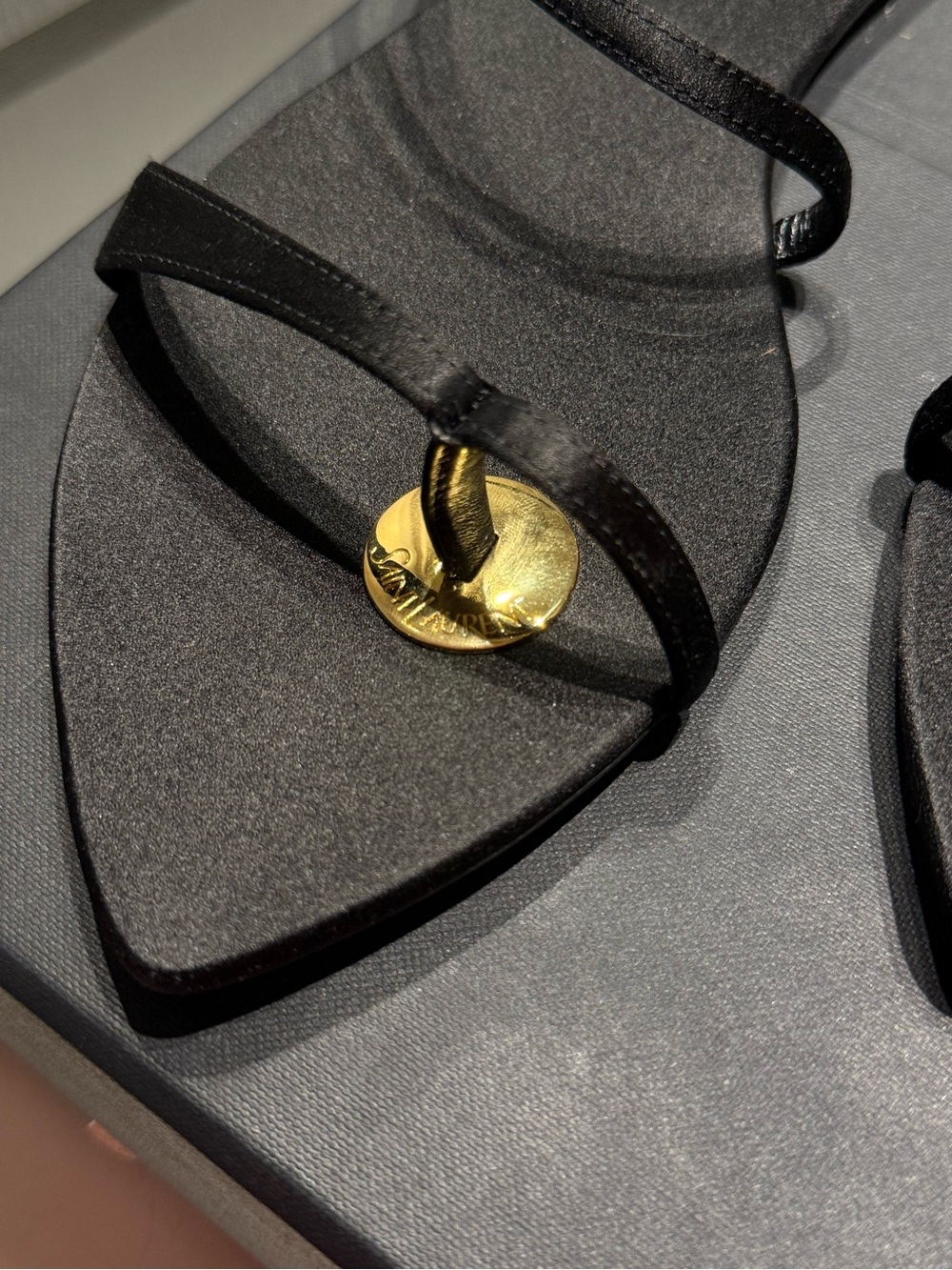 Saint Laurent Black Satin Thong Sandals with Gold Logo Disc